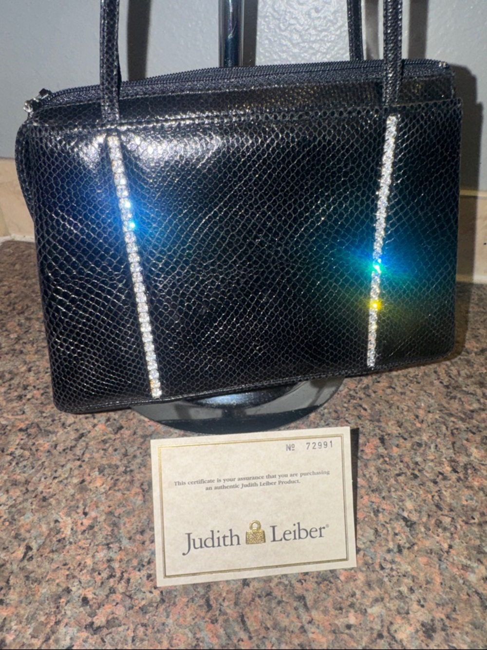 Judith Leiber Black Snakeskin & rhinestone Handbag retail $790 like new